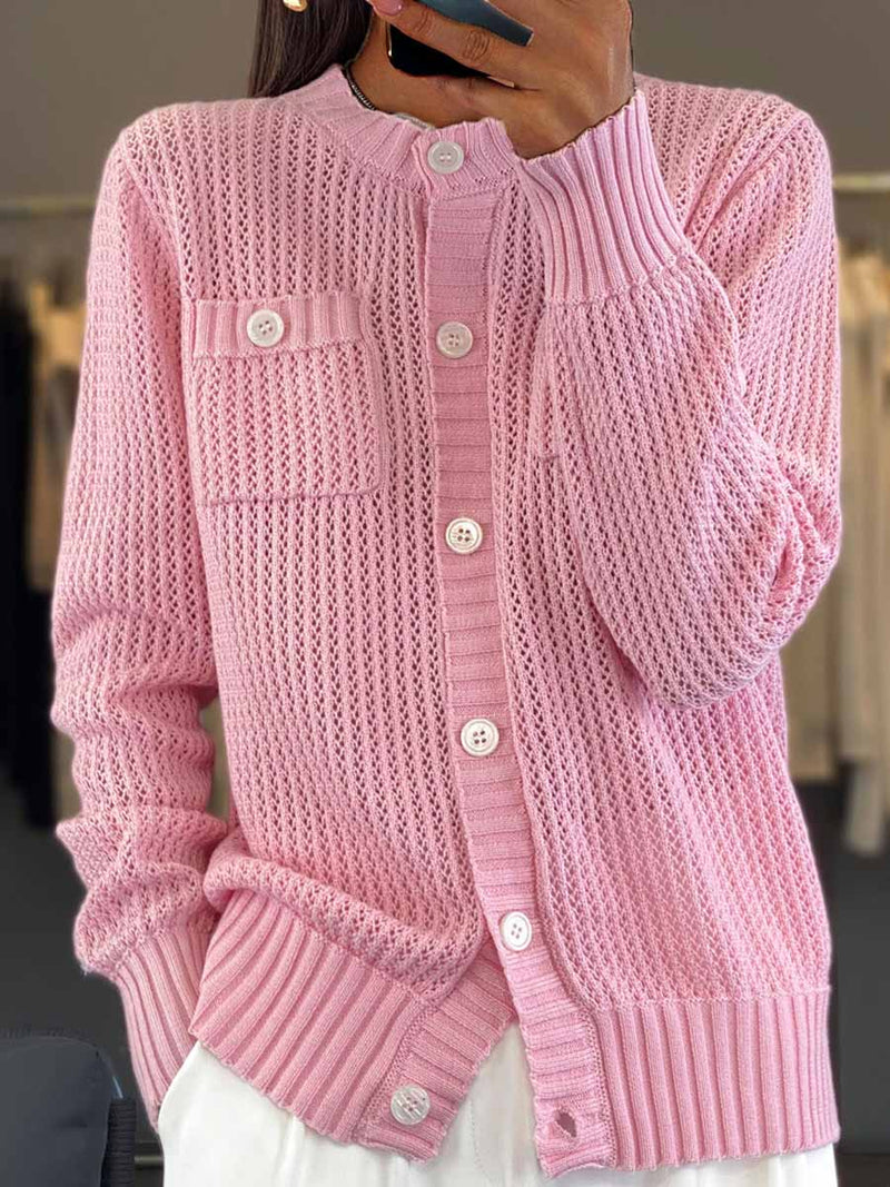 Colleen Cardigan | Crew Neck Pocket Hollow Knit Cardigan