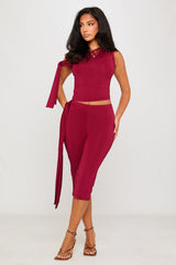 Burgundy One Shoulder Knot Detail Top & Capri Pants Co-Ord