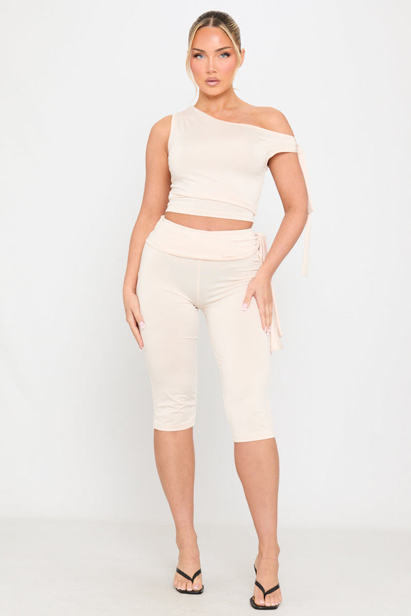 Cream One Shoulder Knot Detail Top & Capri Pants Co-Ord