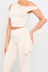 Cream One Shoulder Knot Detail Top & Capri Pants Co-Ord