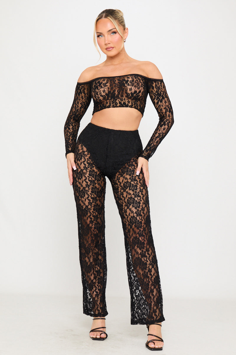 Black Floral Lace Straight Leg Trousers