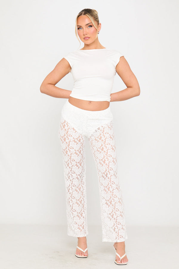 White Floral Lace Straight Leg Trousers