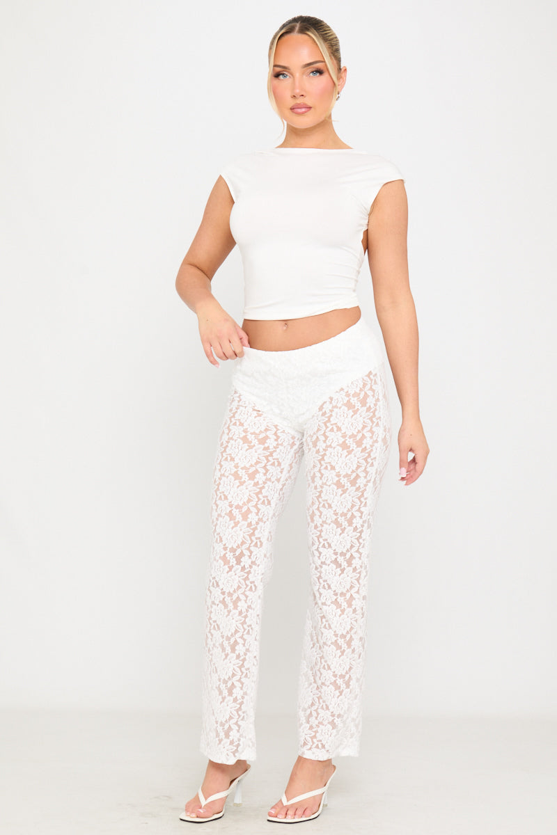 White Floral Lace Straight Leg Trousers