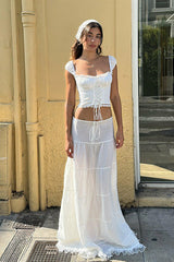 White Square Neck Lace Trim Tie Front Corset Top