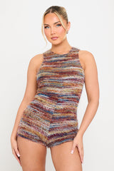 Red Stripe Eyelash Textured Racer Neck Playsuit