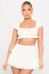 White Ruched Bow Detail Crop Top & Mini Skirt Co-Ord