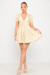 Yellow Floral Print Pleated Milkmaid Mini Dress