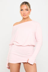 Pink Off Shoulder Knit Long Sleeve Mini Dress