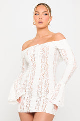 Cream Floral Lace Off Shoulder Mini Dress