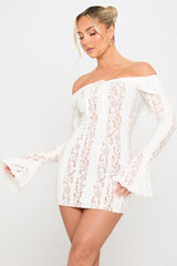 Cream Floral Lace Off Shoulder Mini Dress
