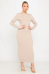Beige Textured Knit Long Sleeve Maxi Dress