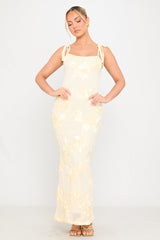 Cream Floral Embroidered Shoulder Tie Maxi Dress