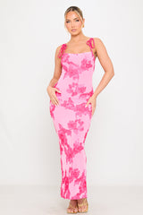 Pink Floral Embroidered Shoulder Tie Maxi Dress