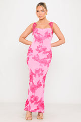 Pink Floral Embroidered Shoulder Tie Maxi Dress