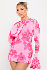 Pink Floral Embroidered Open Back Mini Dress