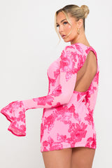 Pink Floral Embroidered Open Back Mini Dress