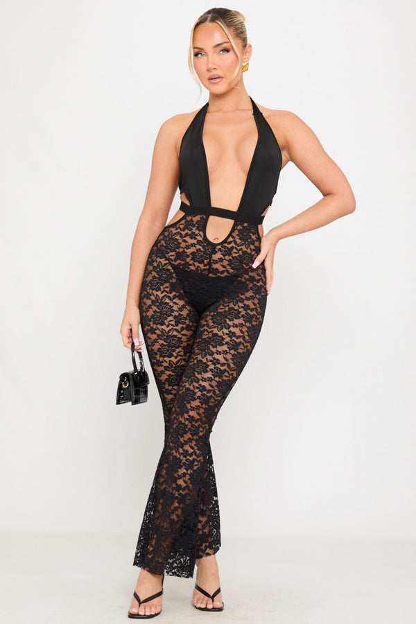 Black Sheer Lace Halterneck Plunge Flare Jumpsuit