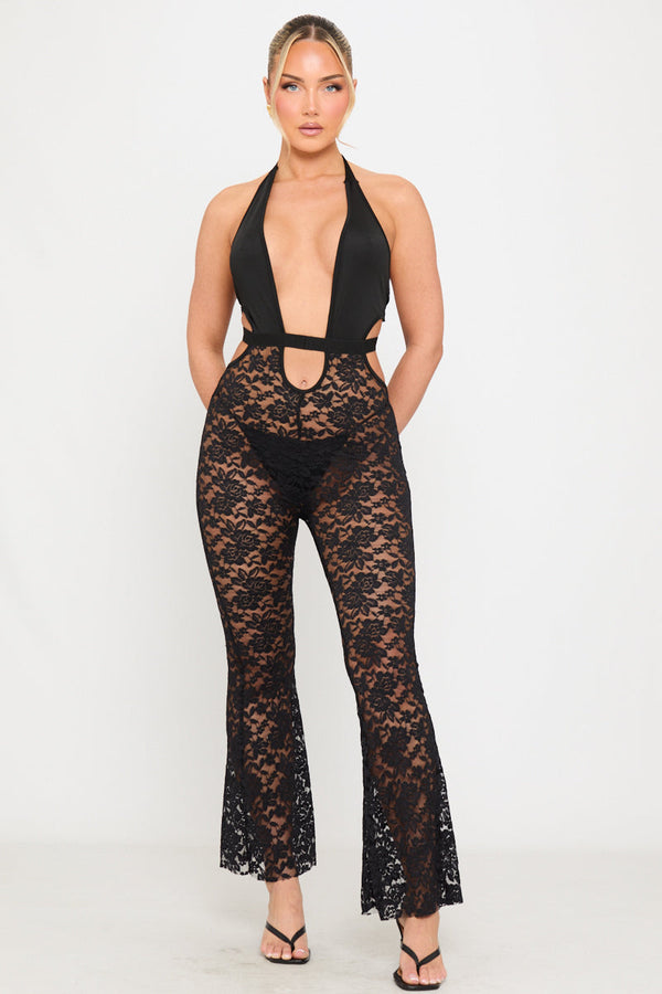 Black Sheer Lace Halterneck Plunge Flare Jumpsuit