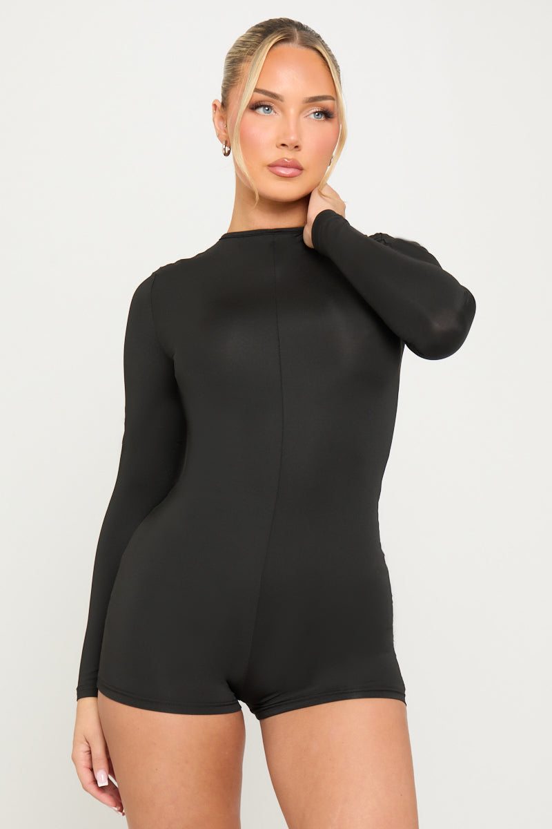 Black Zip Front Long Sleeve Playsuit