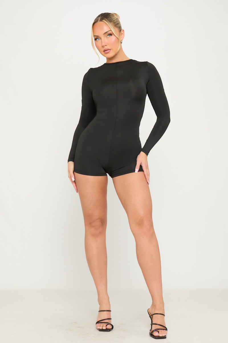 Black Zip Front Long Sleeve Playsuit