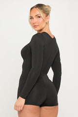 Black Zip Front Long Sleeve Playsuit
