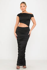 Black Ruched One Shoulder Cut Out Maxi Dress
