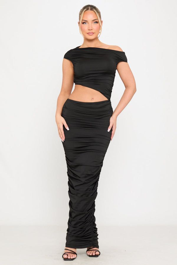 Black Ruched One Shoulder Cut Out Maxi Dress