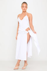 White Halter Plunge Bodysuit & Tie Maxi Skirt Co-Ord