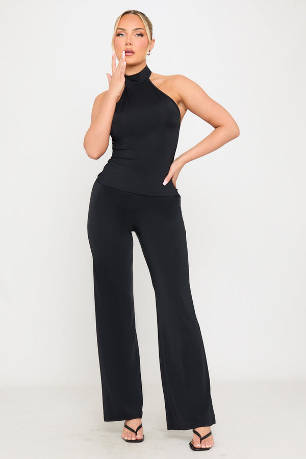 Black High Neck Halter Top & Wide Leg Trousers
