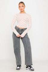White Sheer Floral Lace Long Sleeve Top