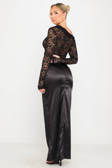 Black Sheer Floral Lace One Shoulder Long Sleeve Top