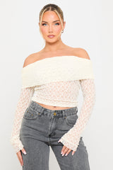 Cream Sheer Lace Off Shoulder Fold Over Top