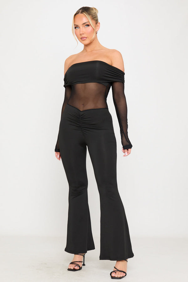 Black Sheer Off Shoulder Long Sleeve Jumpsuit