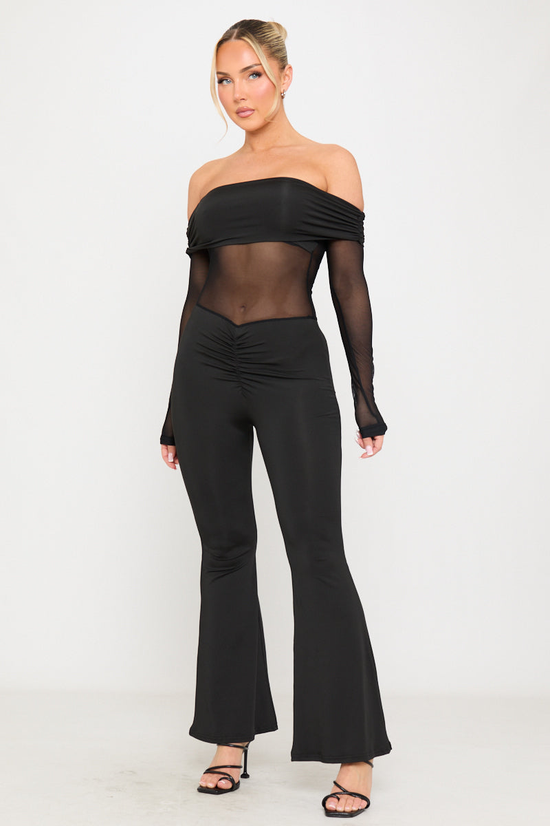 Black Sheer Off Shoulder Long Sleeve Jumpsuit