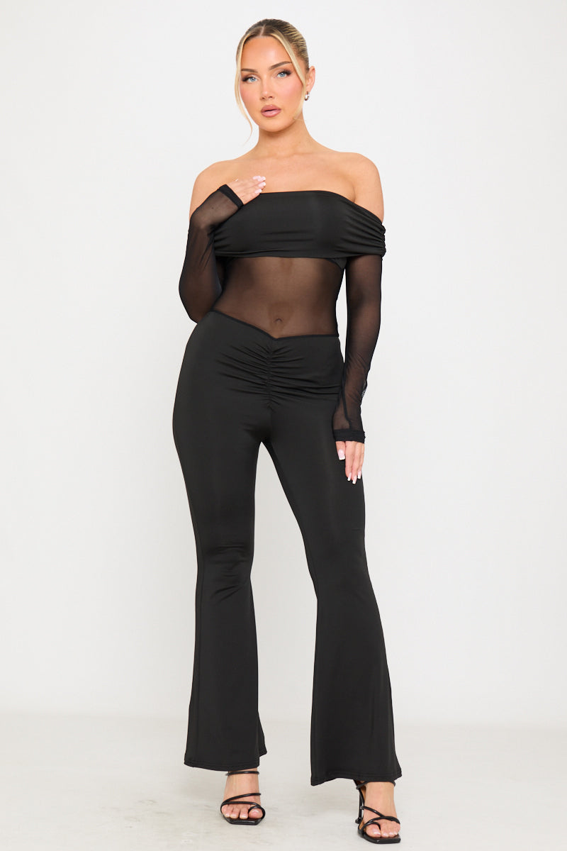 Black Sheer Off Shoulder Long Sleeve Jumpsuit
