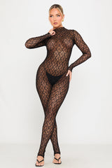 Black Sheer Lace High Neck Long Sleeve Jumpsuit