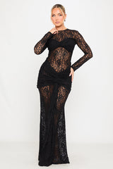 Black Sheer Lace Draped Long Sleeve Maxi Dress