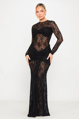 Black Sheer Lace Draped Long Sleeve Maxi Dress