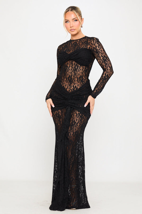 Black Sheer Lace Draped Long Sleeve Maxi Dress