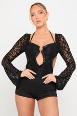 Black Lace Cut Out Detail Long Sleeve Playsuit
