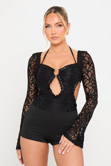 Black Lace Cut Out Detail Long Sleeve Playsuit