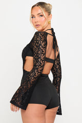 Black Lace Cut Out Detail Long Sleeve Playsuit