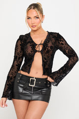 Black Sheer Floral Embossed Tie Front Top