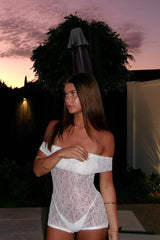 White Sheer Lace Off Shoulder Fold Over Playsuit