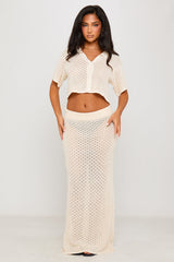 Beige Crochet Knit Crop Top & Maxi Skirt Co-Ord