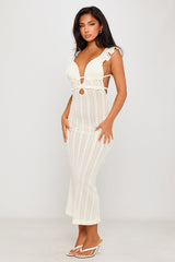 Cream Lace Ruffle Detail Open Back Maxi Dress