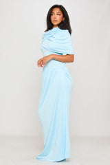 Baby Blue Draped Asymmetric Pleated Maxi Dress