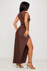 Brown Pleated Asymmetric Thigh Split Maxi Dress