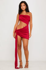 Wine One Shoulder Cut Out Draped Mini Dress