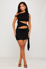 Black One Shoulder Cut Out Side Tie Mini Dress